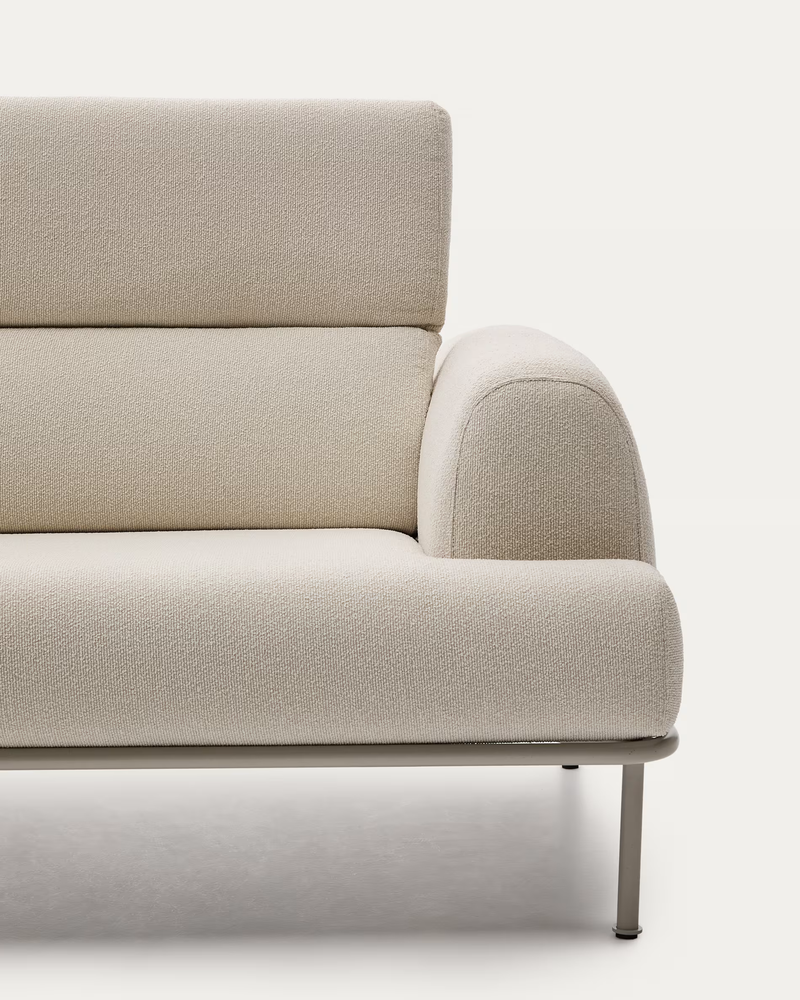 AURUM 3-seater ecru sofa with reclining headrest and a matt grey metal base, 240 cm