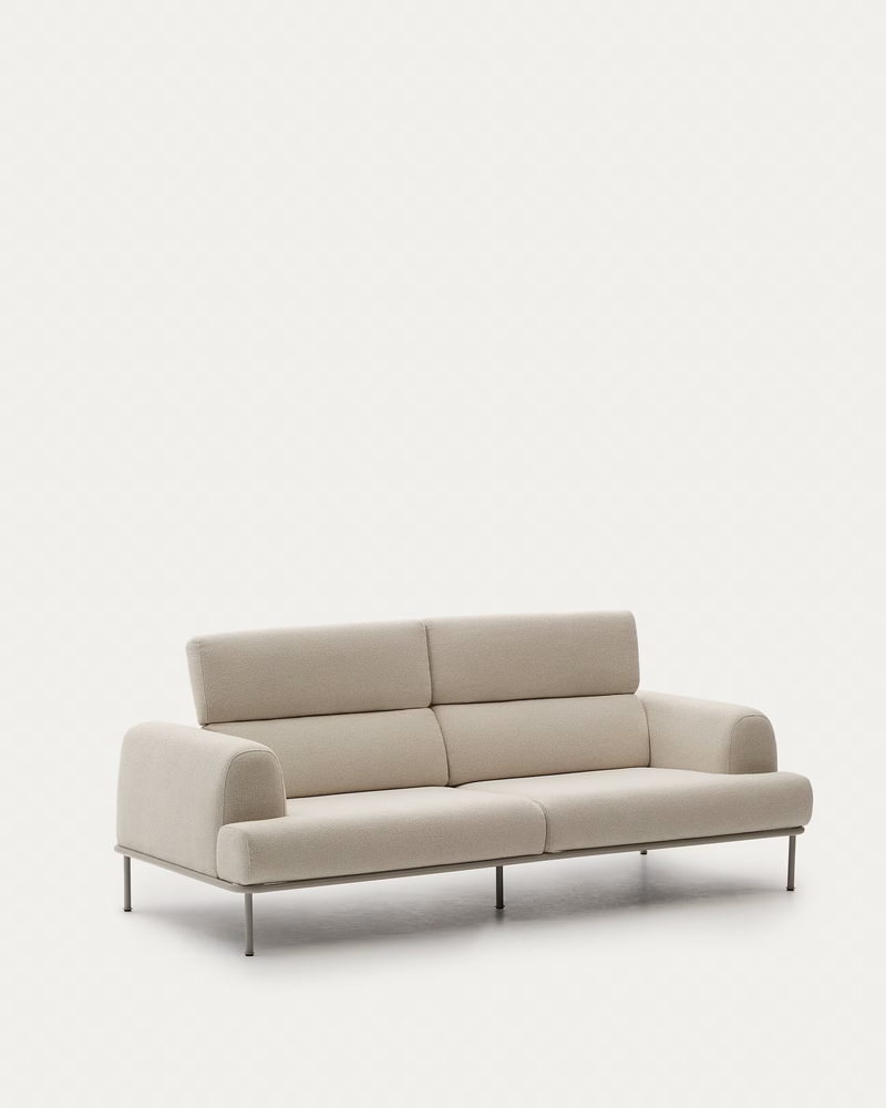 AURUM 3-seater ecru sofa with reclining headrest and a matt grey metal base, 240 cm