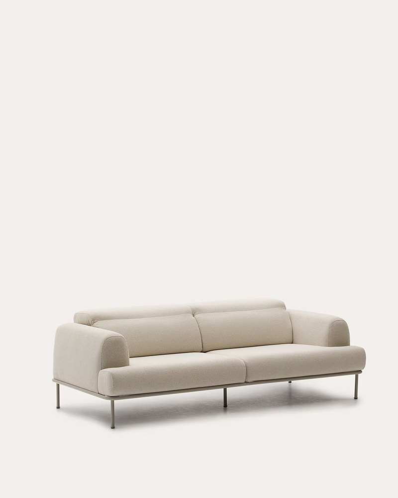 AURUM 3-seater ecru sofa with reclining headrest and a matt grey metal base, 240 cm