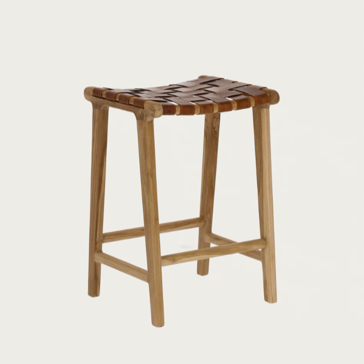 CALIXTA stool in leather and solid mahogany wood 67 cm Height