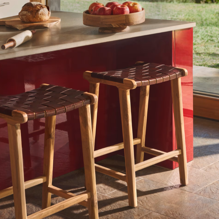 CALIXTA stool in leather and solid mahogany wood 67 cm Height
