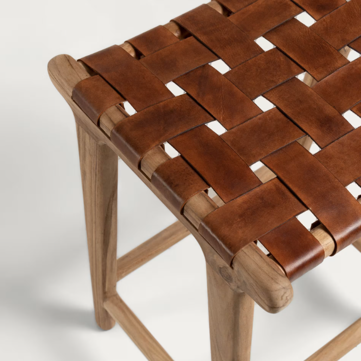 CALIXTA stool in leather and solid mahogany wood 67 cm Height