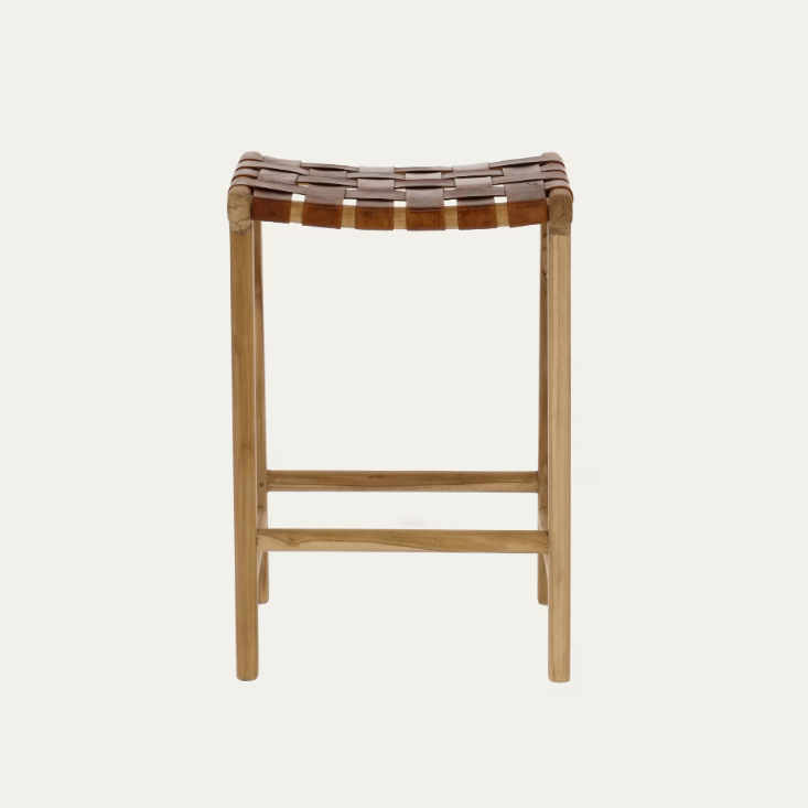 CALIXTA stool in leather and solid mahogany wood 67 cm Height