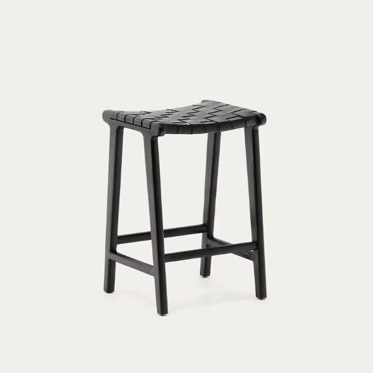 CALIXTA stool in leather and solid mahogany wood 67 cm Height