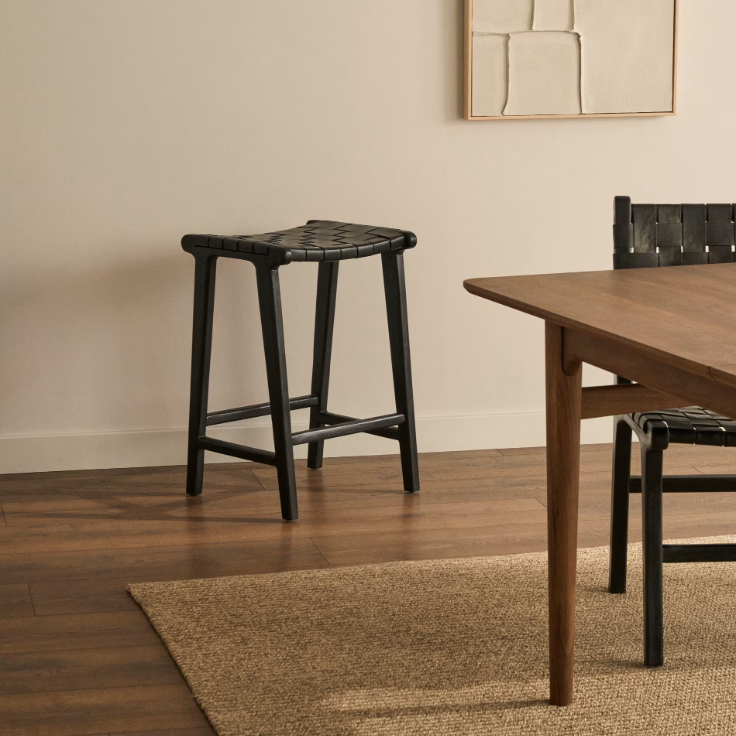 CALIXTA stool in leather and solid mahogany wood 67 cm Height