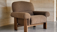 NEMA armchair in taupe bouclé with solid ash wood legs in a walnut finish FSC 100%