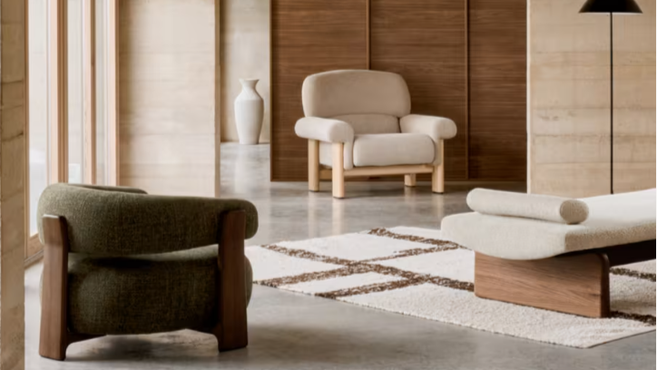 NEMA armchair in beige chenille with solid ash wood legs in a natural finish FSC 100%