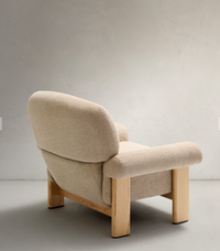 NEMA armchair in beige chenille with solid ash wood legs in a natural finish FSC 100%