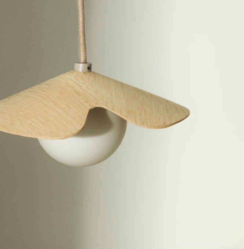 WILARA Oak veneer ceiling lamp with 1 white smoked glass ball