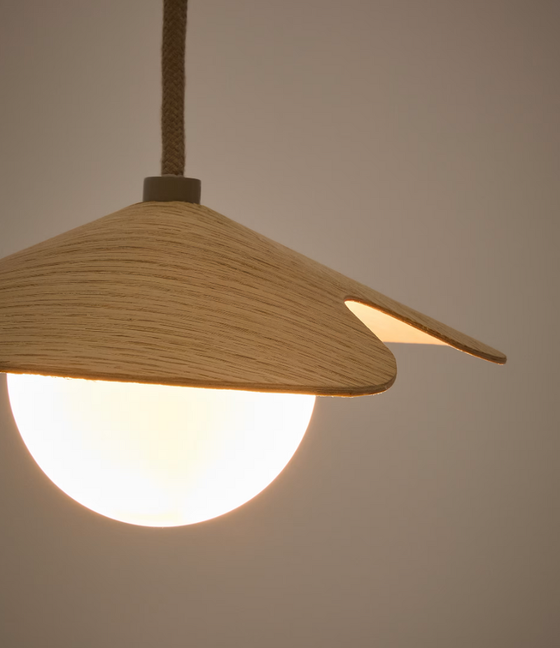 WILARA Oak veneer ceiling lamp with 1 white smoked glass ball