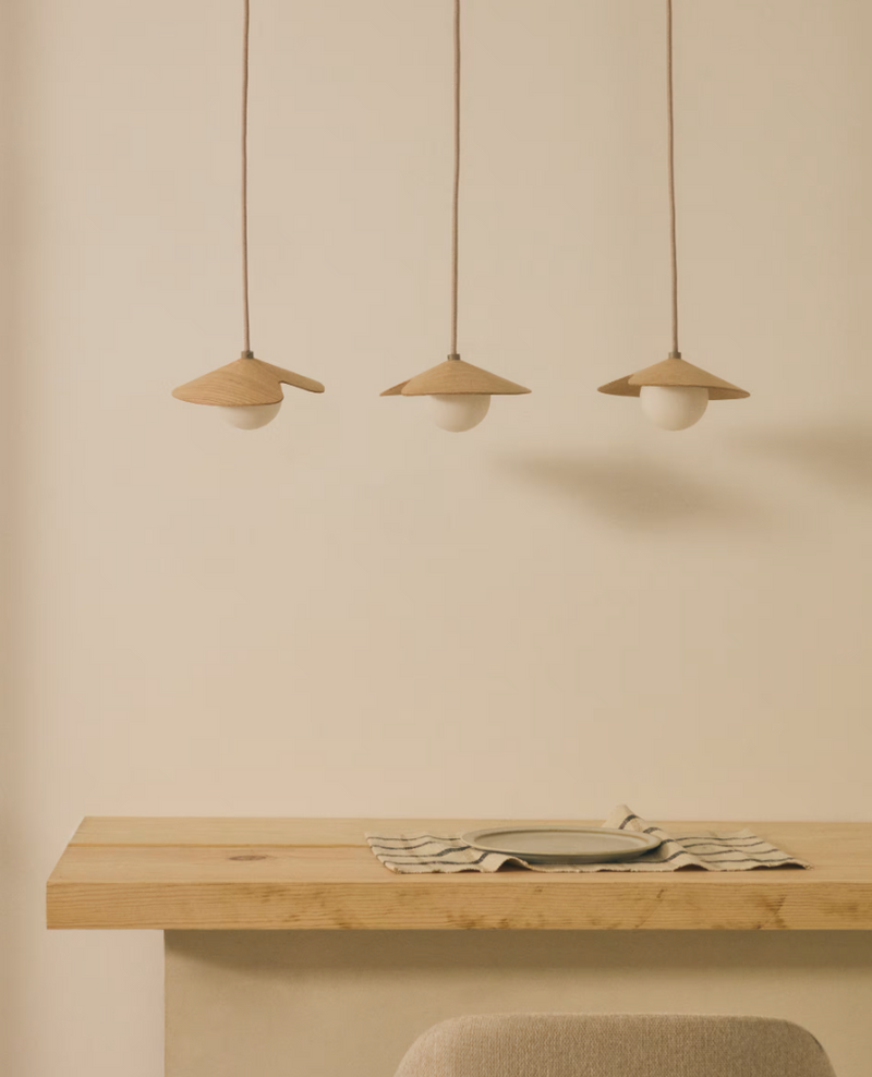 WILARA Oak veneer ceiling lamp with 3 white smoked glass balls