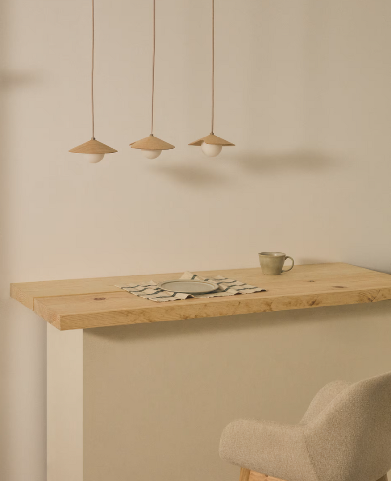 WILARA Oak veneer ceiling lamp with 3 white smoked glass balls