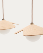 WILARA Oak veneer ceiling lamp with 3 white smoked glass balls