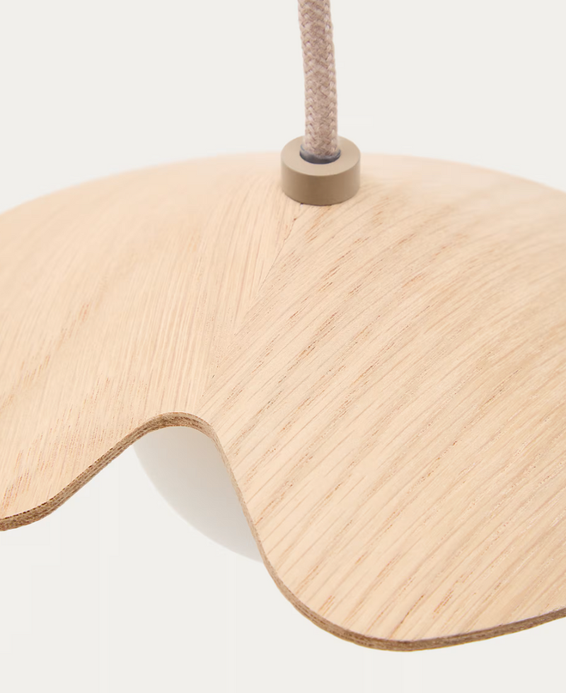 WILARA Oak veneer ceiling lamp with 3 white smoked glass balls