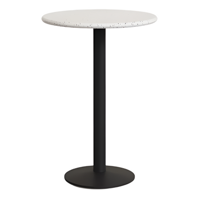 SAURA Round high bar table made of black metal with a white terrazzo top, 96 x Ø70 cm