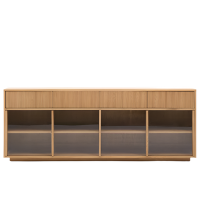 HELVINE Sideboard 4 doors and 4 drawers oak veneer and tempered glass, 200 x 80cm FSC 100%