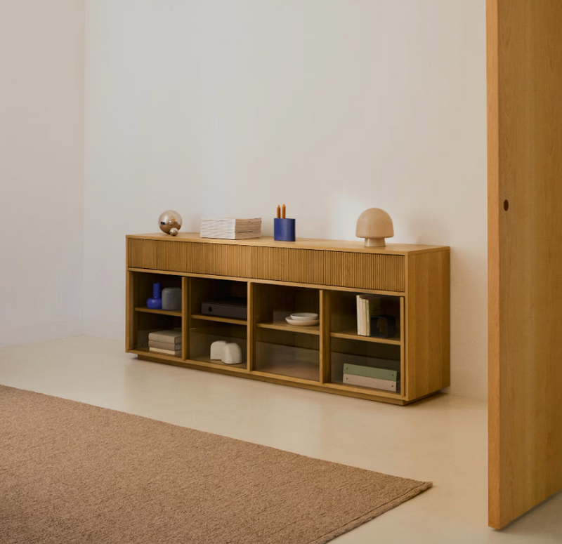 HELVINE Sideboard 4 doors and 4 drawers oak veneer and tempered glass, 200 x 80cm FSC 100%