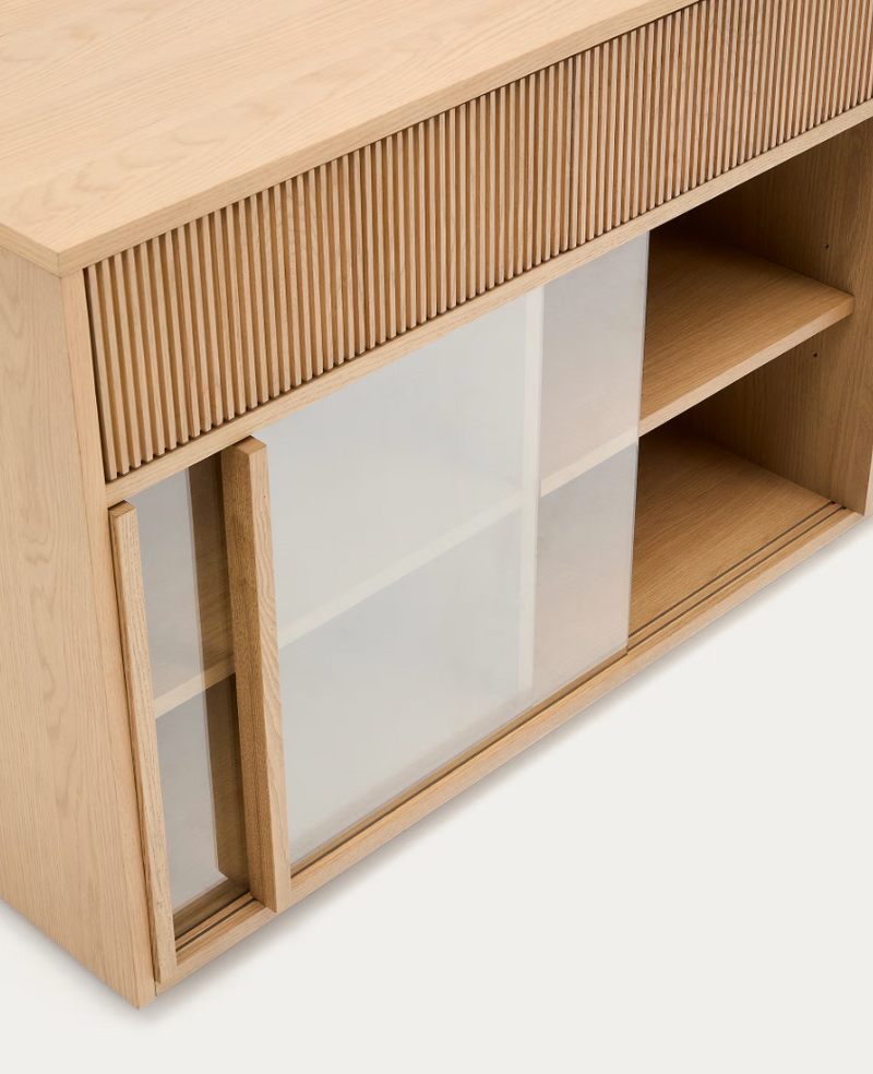 HELVINE Sideboard 4 doors and 4 drawers oak veneer and tempered glass, 200 x 80cm FSC 100%