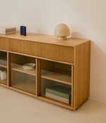 HELVINE Sideboard 4 doors and 4 drawers oak veneer and tempered glass, 200 x 80cm FSC 100%
