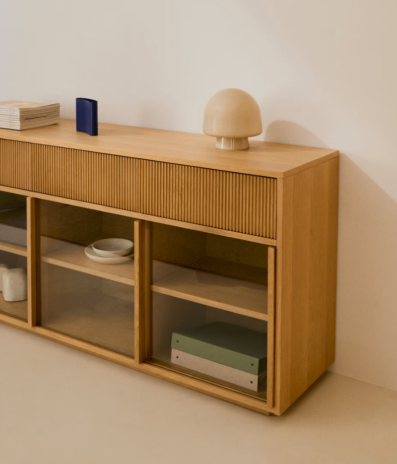 HELVINE Sideboard 4 doors and 4 drawers oak veneer and tempered glass, 200 x 80cm FSC 100%
