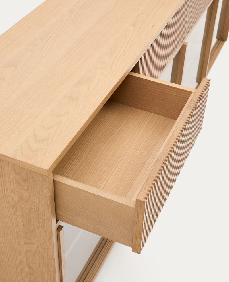 HELVINE Sideboard 4 doors and 4 drawers oak veneer and tempered glass, 200 x 80cm FSC 100%