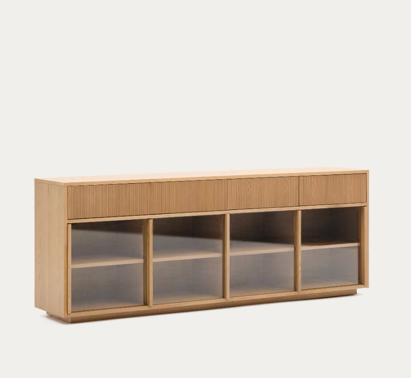 HELVINE Sideboard 4 doors and 4 drawers oak veneer and tempered glass, 200 x 80cm FSC 100%
