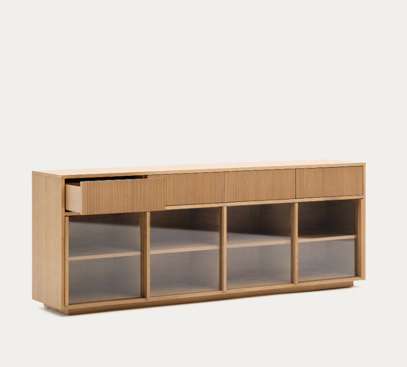 HELVINE Sideboard 4 doors and 4 drawers oak veneer and tempered glass, 200 x 80cm FSC 100%