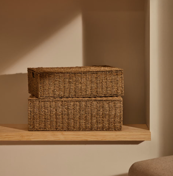 TOSSA Set of 2 natural fiber baskets with lids, 55 x 36 cm / 60 x 40 cm