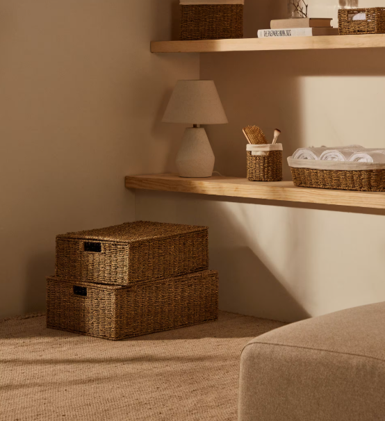 TOSSA Set of 2 natural fiber baskets with lids, 55 x 36 cm / 60 x 40 cm