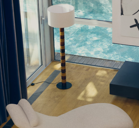 MAVRAN floor lamp with brown and mustard ceramic base and cotton lampshade