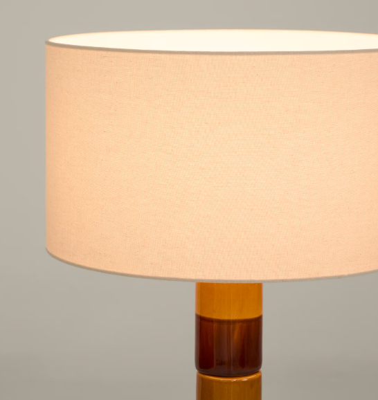 MAVRAN floor lamp with brown and mustard ceramic base and cotton lampshade