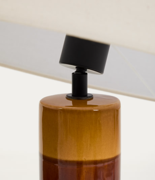 MAVRAN floor lamp with brown and mustard ceramic base and cotton lampshade