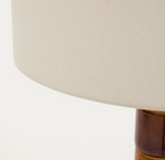 MAVRAN floor lamp with brown and mustard ceramic base and cotton lampshade
