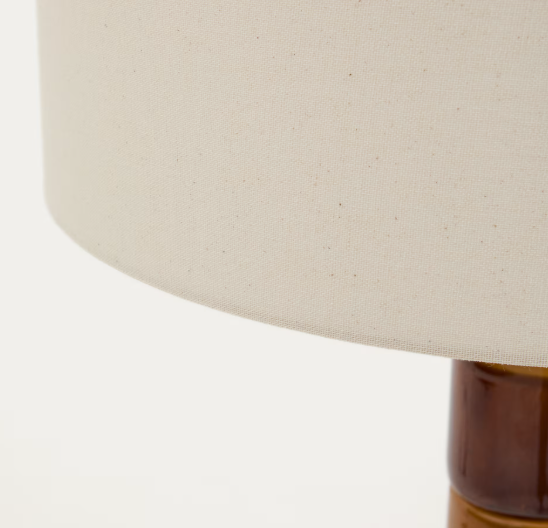 MAVRAN floor lamp with brown and mustard ceramic base and cotton lampshade