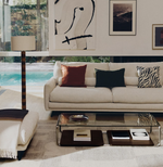 MAVRAN floor lamp with brown and mustard ceramic base and cotton lampshade