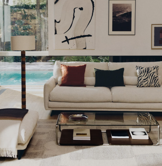 MAVRAN floor lamp with brown and mustard ceramic base and cotton lampshade