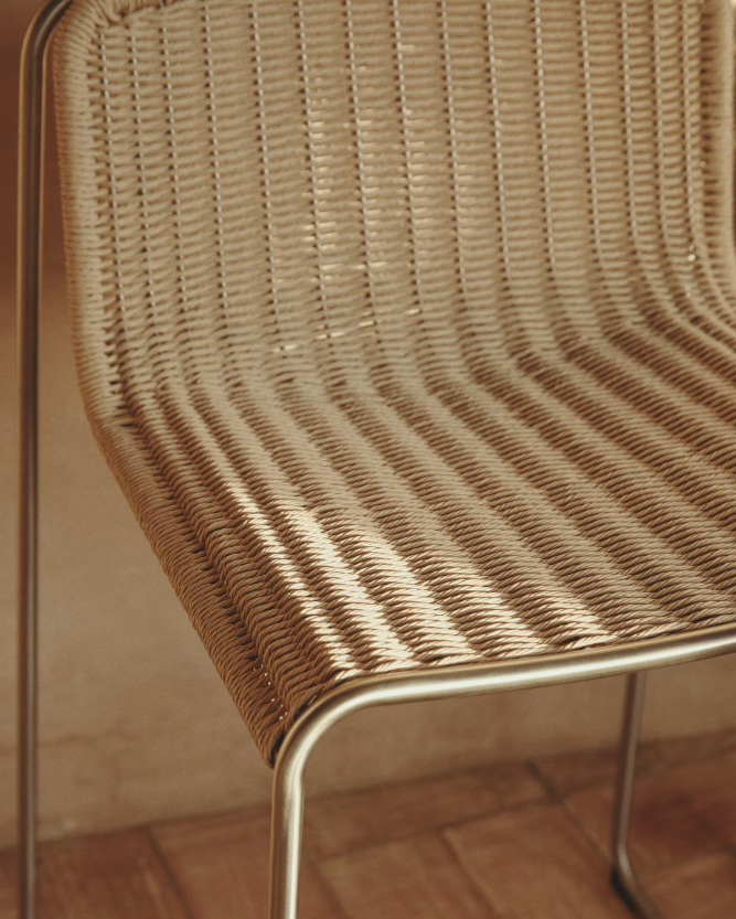 TAVARI Stackable stool in beige synthetic rope cord and brushed-effect stainless steel