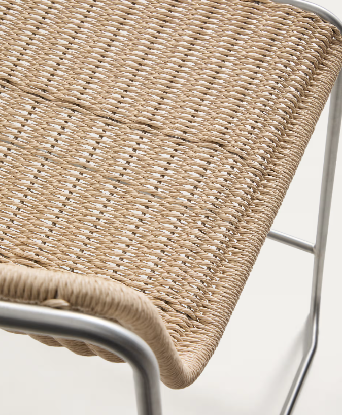 TAVARI Stackable stool in beige synthetic rope cord and brushed-effect stainless steel