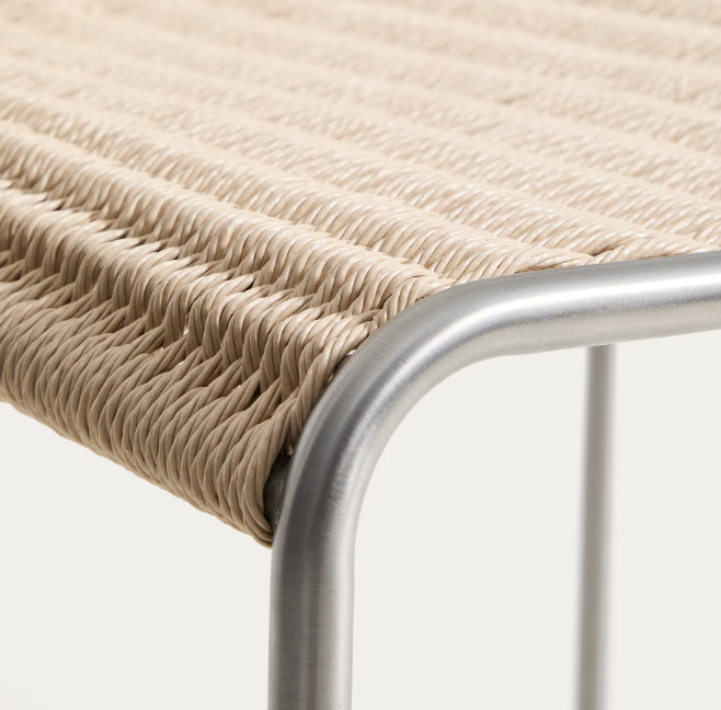 TAVARI Stackable stool in beige synthetic rope cord and brushed-effect stainless steel
