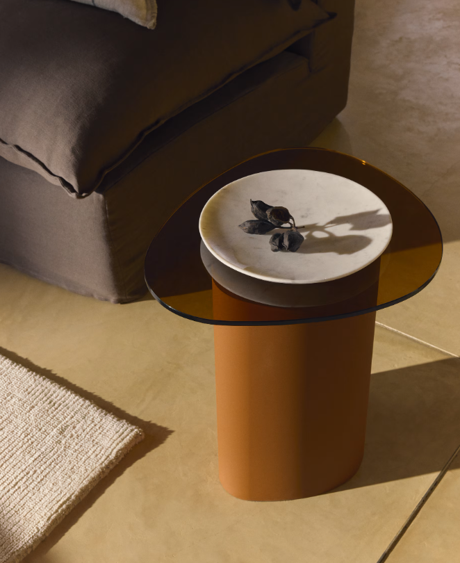 OLIR Side table in tempered glass and brown steel 48 x 46,8 cm