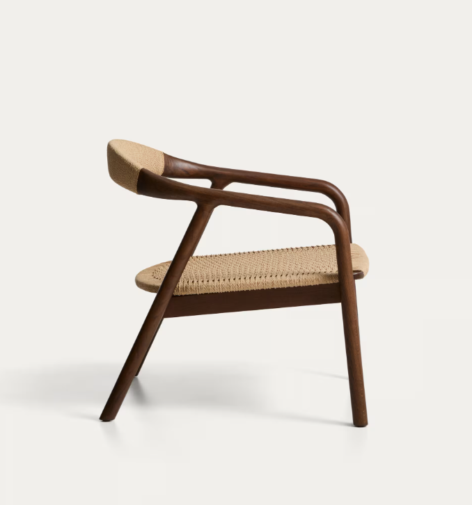 DERILE Armchair in solid oak wood with walnut finish and beige paper rope cord FSC 100%