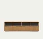 HELVINE TV stand with 4 doors and 2 drawers in ash veneer with walnut finish and tempered glass, 200 x 54 cm, FSC 100%
