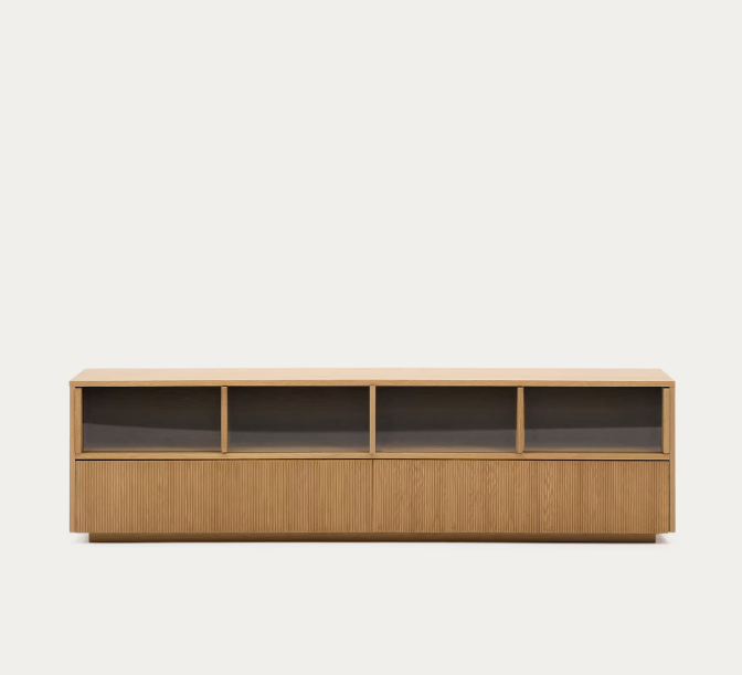 HELVINE TV stand with 4 doors and 2 drawers in ash veneer with walnut finish and tempered glass, 200 x 54 cm, FSC 100%