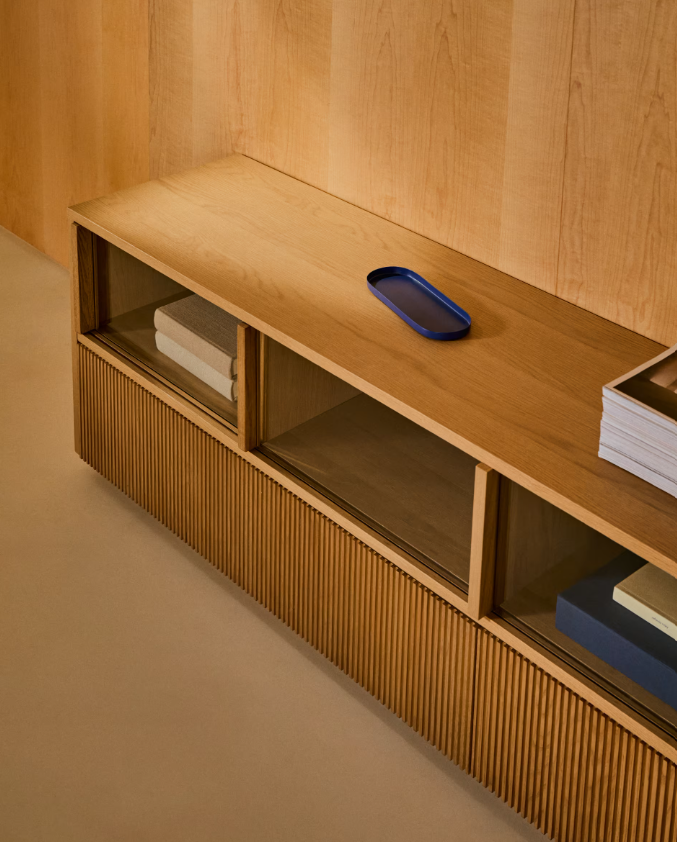 HELVINE TV stand with 4 doors and 2 drawers in ash veneer with walnut finish and tempered glass, 200 x 54 cm, FSC 100%
