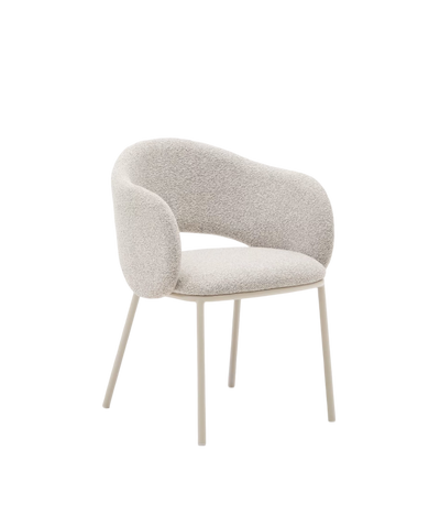 MAINA chair in thick beige chenille and steel legs in a beige finish