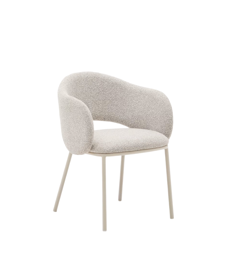 MAINA chair in thick beige chenille and steel legs in a beige finish