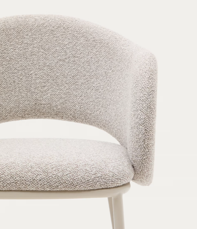 MAINA chair in thick beige chenille and steel legs in a beige finish