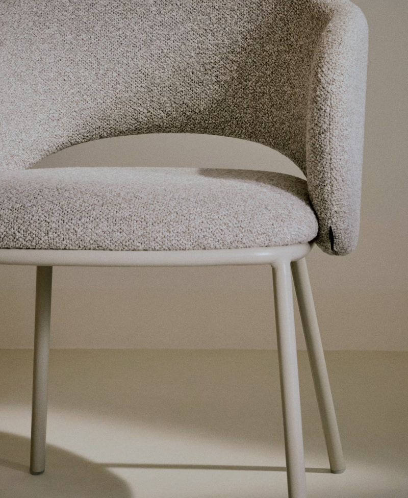 MAINA chair in thick beige chenille and steel legs in a beige finish