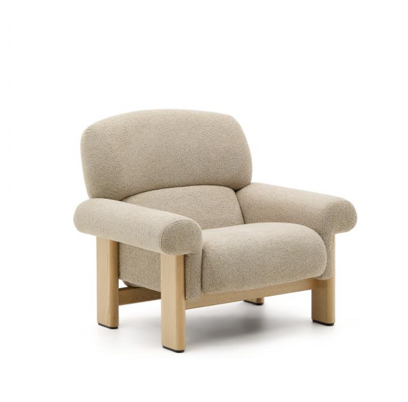 NEMA armchair in beige chenille with solid ash wood legs in a natural finish FSC 100%