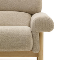 NEMA armchair in beige chenille with solid ash wood legs in a natural finish FSC 100%